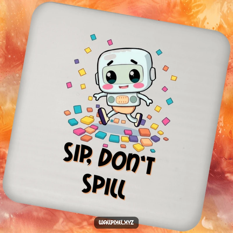 Funny drink coaster featuring a retro character awkwardly tripping, scattering colorful squares, a humorous piece of decor.