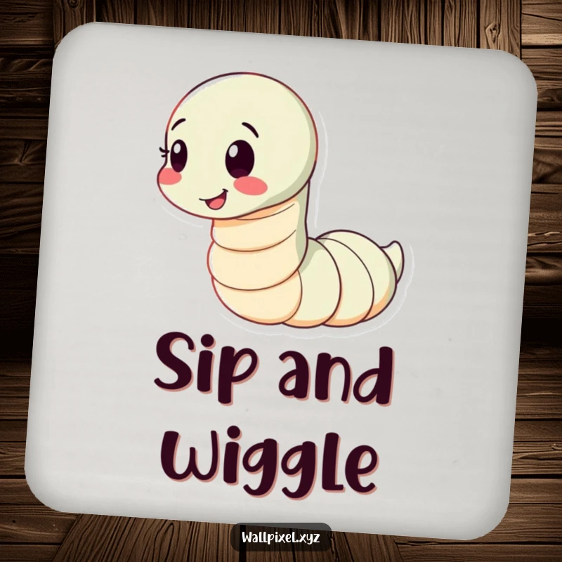 Funny drink coaster featuring a segmented worm character wiggling playfully with a happy expression, adding cheerful humor to beverage settings.