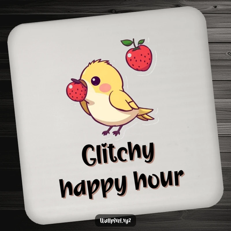 Funny pixel art drink coaster featuring a small, angular bird character pecking at a floating pixelated berry, adding retro gaming charm to home decor.
