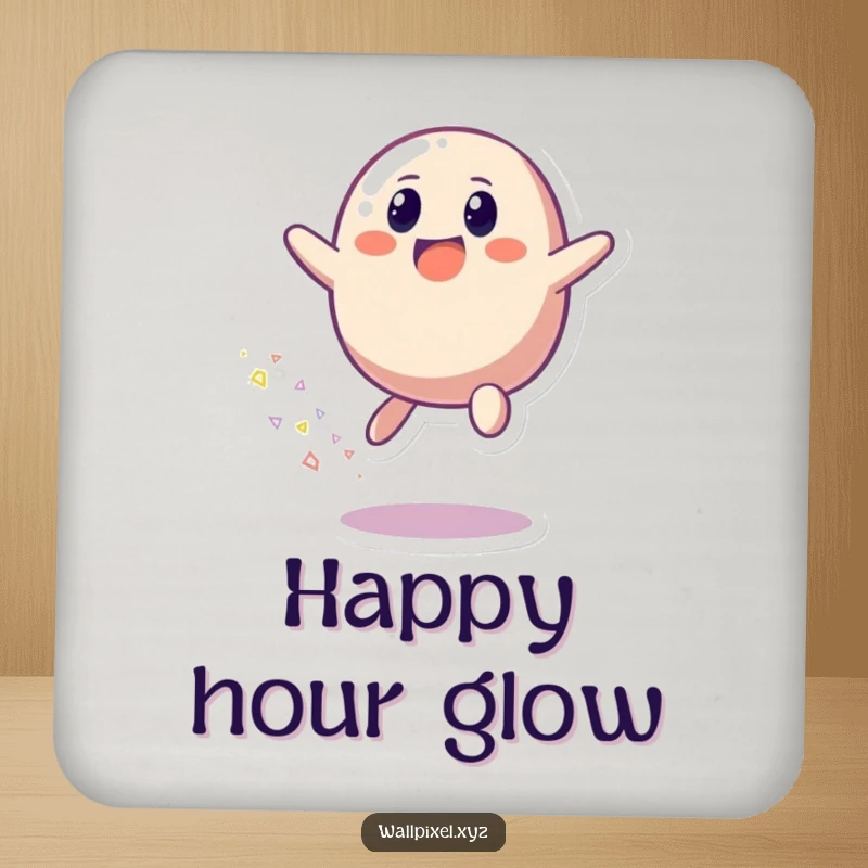 Funny drink coaster showing a pixelated blob character bouncing happily, leaving a trail of bright, colorful pixels.