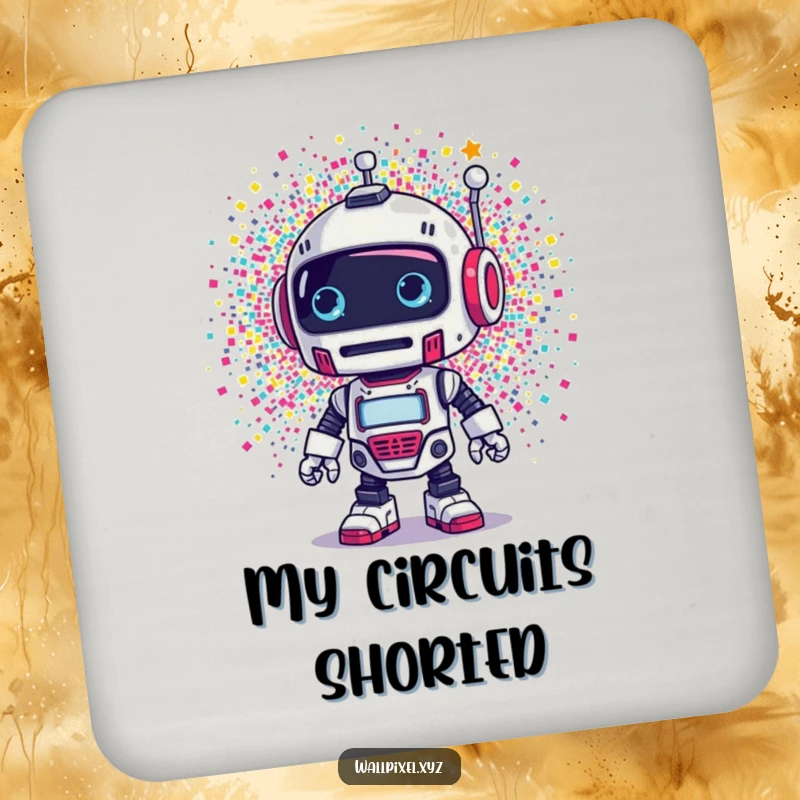 Funny coaster: A retro robot is surprised by a colorful explosion of pixels, a humorous and protective accessory.