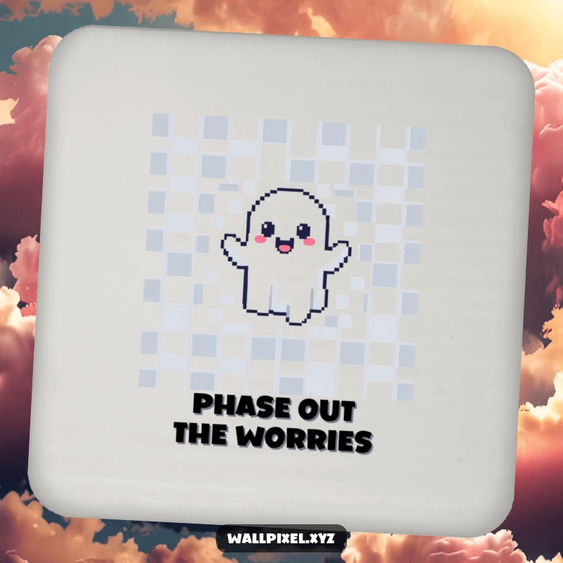 Funny pixelated ghost drink coasters, joyfully phasing through a checkerboard wall, perfect for game rooms.