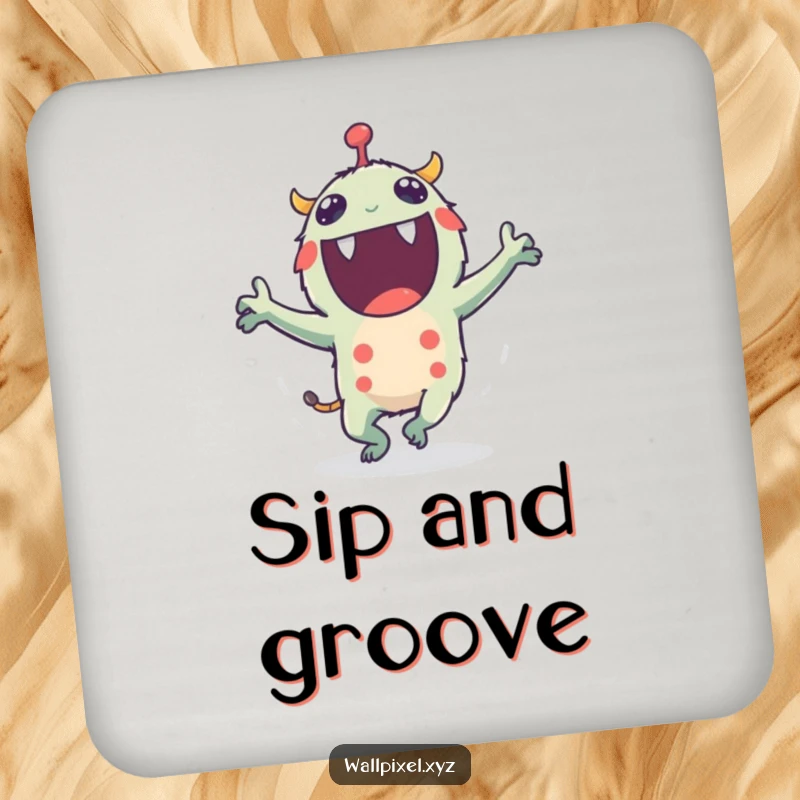 Funny drink coaster featuring a pixel monster dancing energetically with tiny flailing blocky arms, adding playful decor.