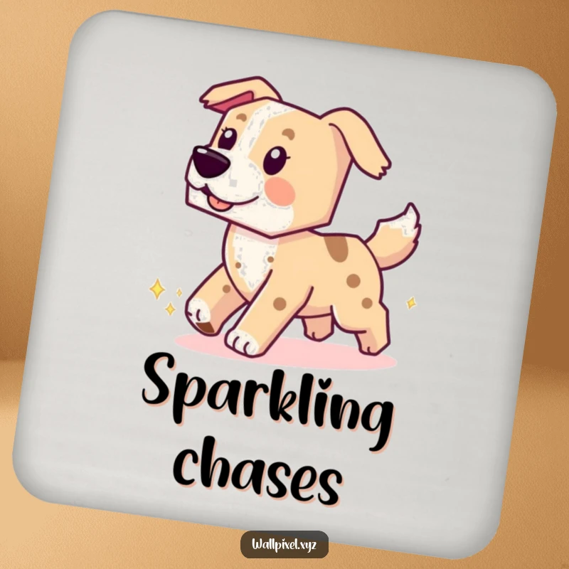 Funny drink coaster featuring a blocky pixelated dog chasing its tail, adding a humorous touch to your table.