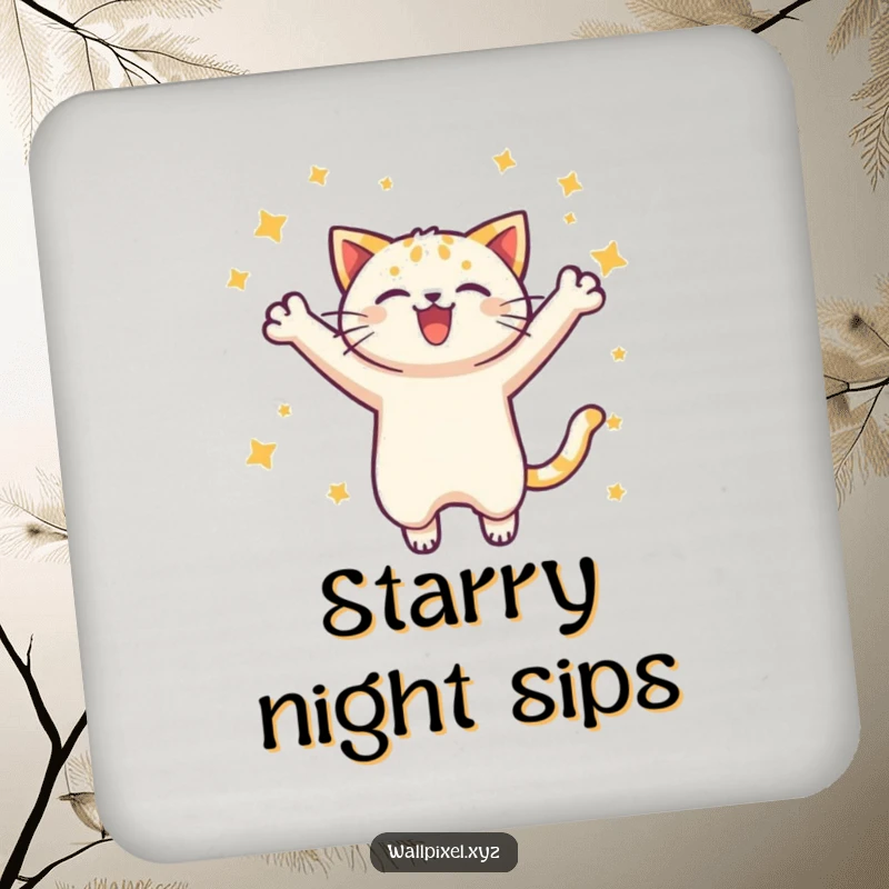 Funny pixel cat drink coaster with a joyful leap and stars, offering surface protection with retro gaming aesthetics.
