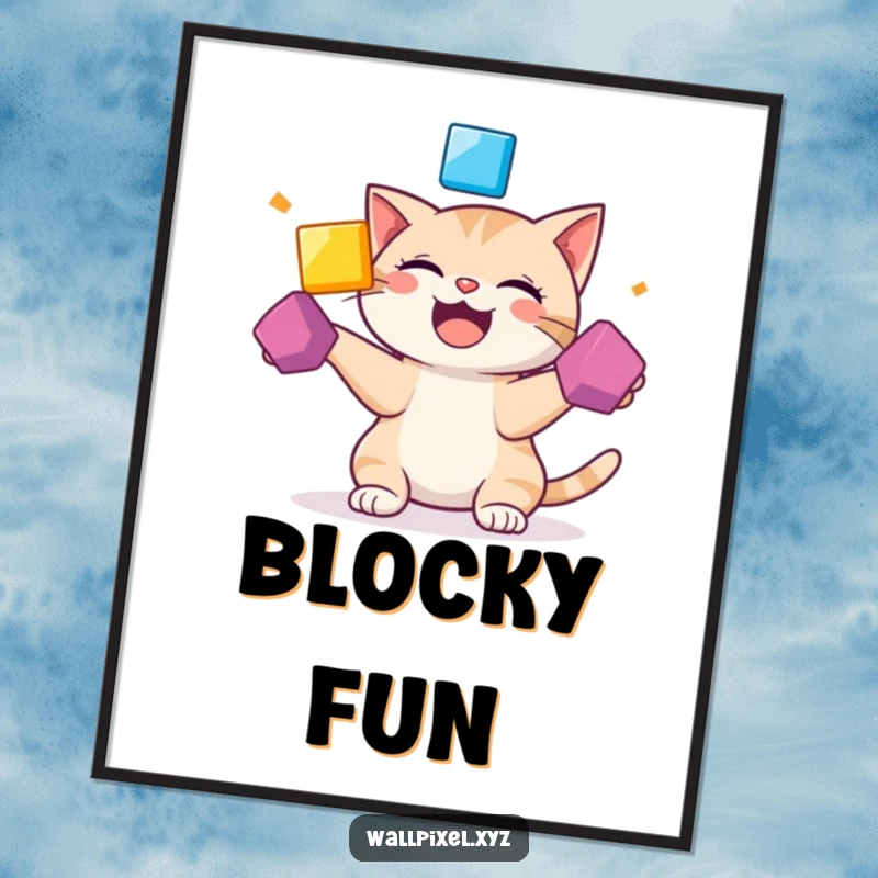 Funny poster art depicting a giggling pixelated cat in the process of juggling brightly colored, bouncing squares.