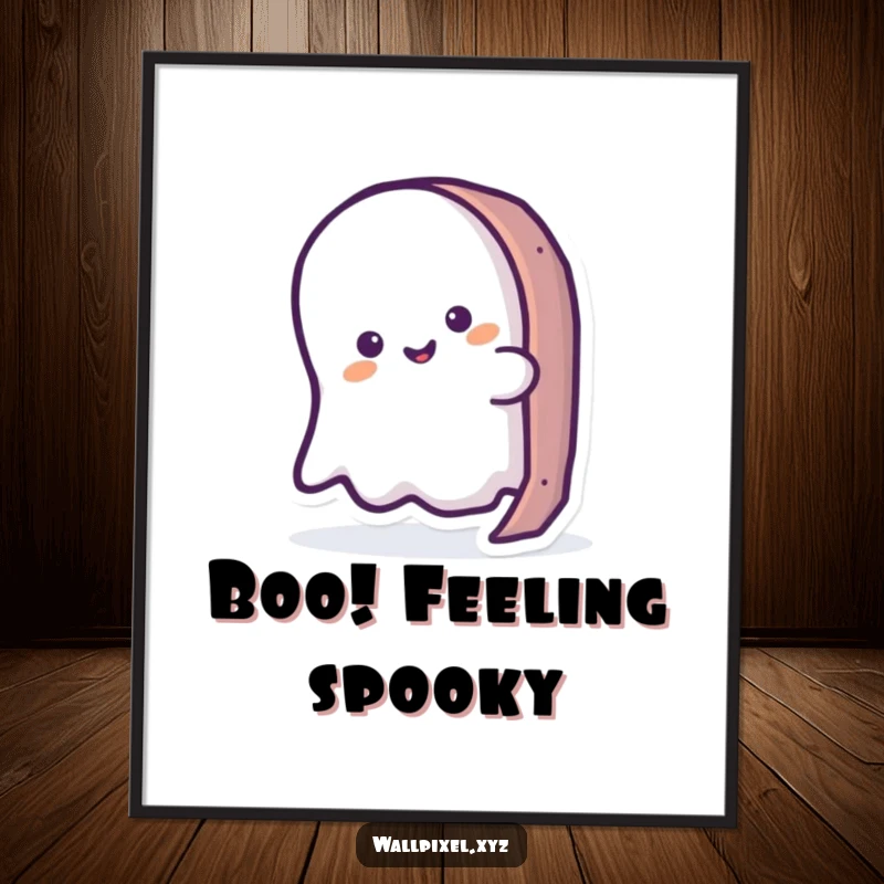 Funny ghost poster featuring a cute ghost peering from a pixelated object, ideal for retro gaming fans' decor.