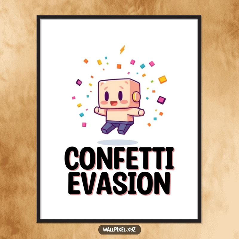 Funny poster featuring a blocky pixel character in a humorous, dynamic pose, dodging pixelated confetti, celebrating retro gaming.