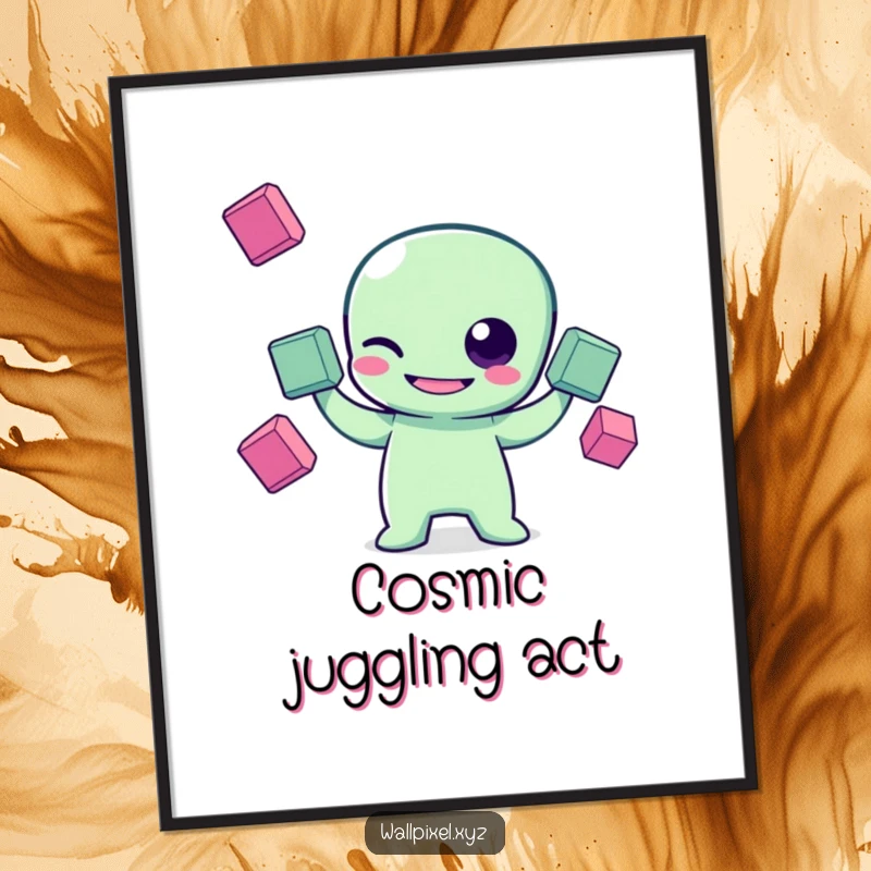 Funny pixel art poster featuring a grinning pixelated alien character winking while juggling three floating squares, celebrating retro gaming and alien themes.