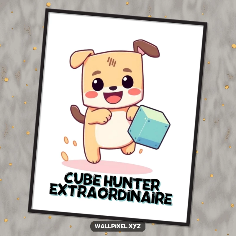Funny pixel dog poster, a blocky dog with a happy grin joyfully chasing a pixel cube, embodying retro gaming energy.