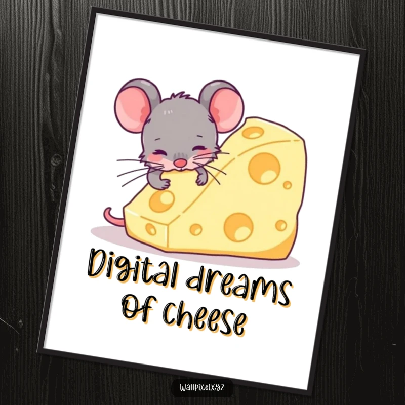 Funny poster featuring a classic pixel art mouse intently nibbling on a massive, blocky cheese, celebrating retro video game humor and artistry.