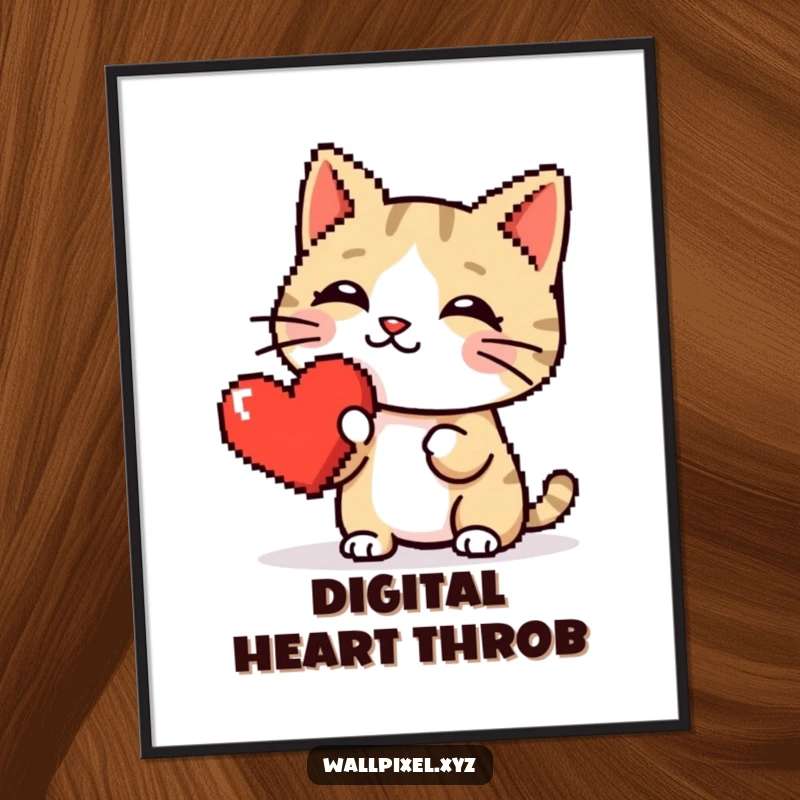 Funny poster featuring a pixelated cat tenderly booping a vibrant red pixel heart, embodying retro gaming romance and charm.