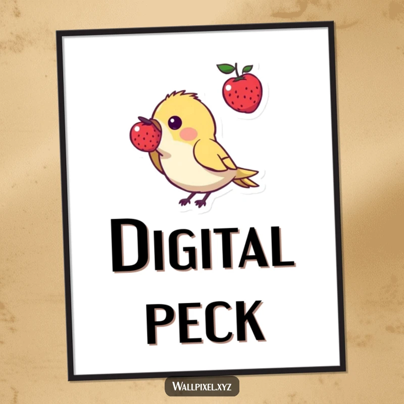 Funny pixel art poster depicting a small, angular bird character in the act of pecking a floating pixelated berry, capturing a moment of retro gaming fun.