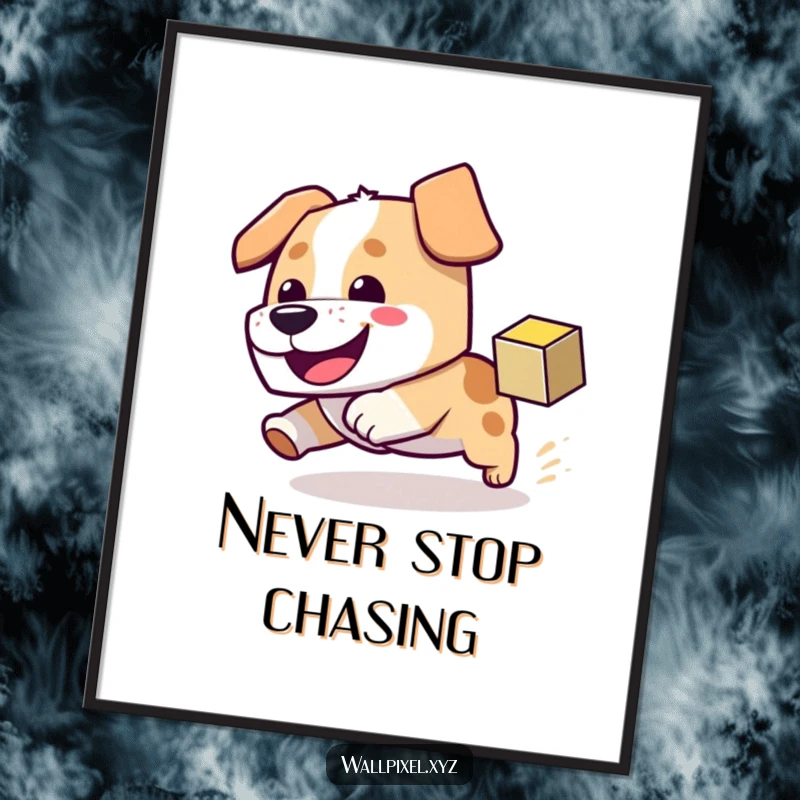 Funny block dog poster depicting a dog happily chasing a bouncing pixel cube, perfect for playful wall decor.