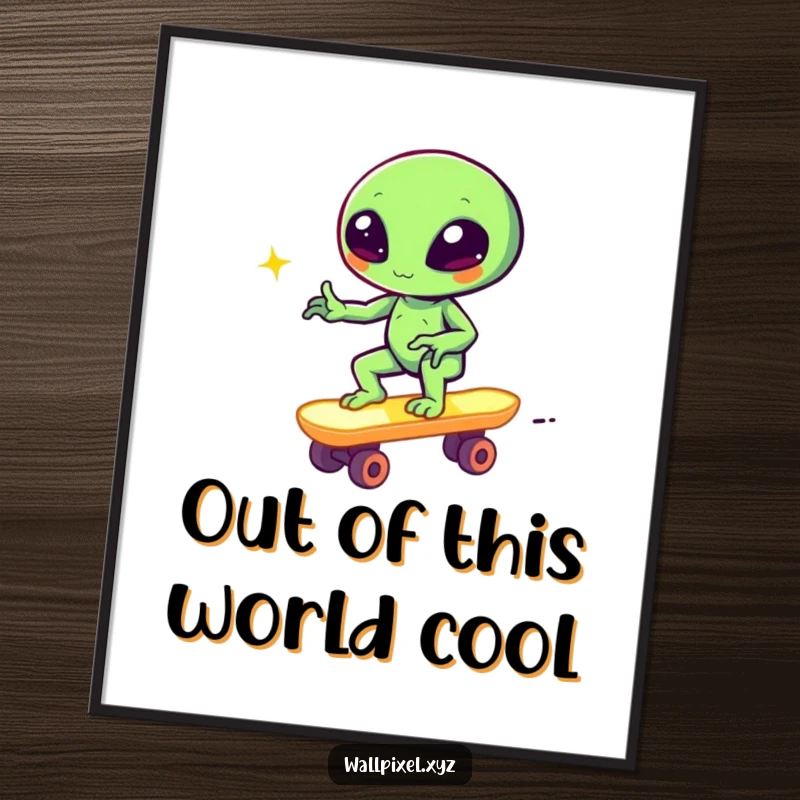 Funny pixel alien winking on a glowing block skateboard, retro gaming poster, vibrant pixel art decor.