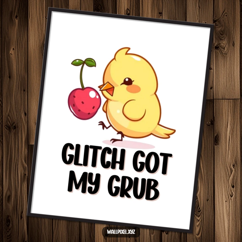 Funny poster featuring a small, angular bird character in pixel art, playfully pecking at a floating, pixelated berry, perfect for wall decor.