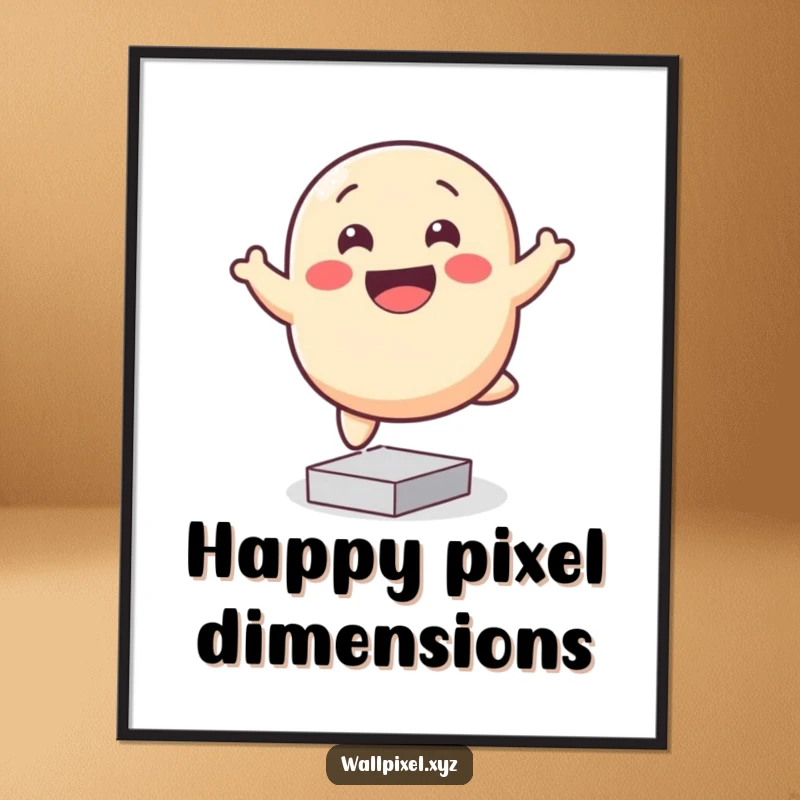Funny pixelated blob poster, smiling and bouncing happily on square pixels, ideal for cheerful wall decor.