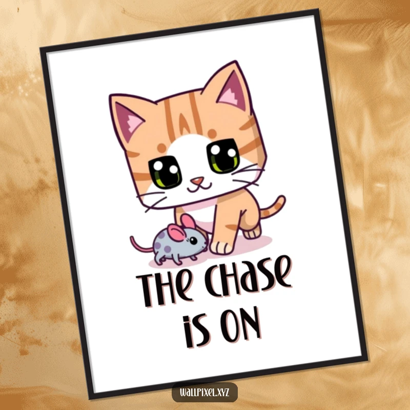 Funny blocky cat poster, with exaggerated pixel eyes, chasing a pixelated mouse, ideal for playful wall art.