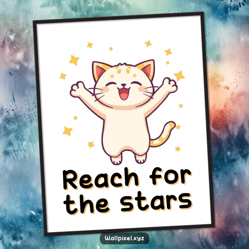 Funny pixelated cat poster depicting a joyful leap with stars, perfect for retro gaming enthusiasts and vibrant wall decor.