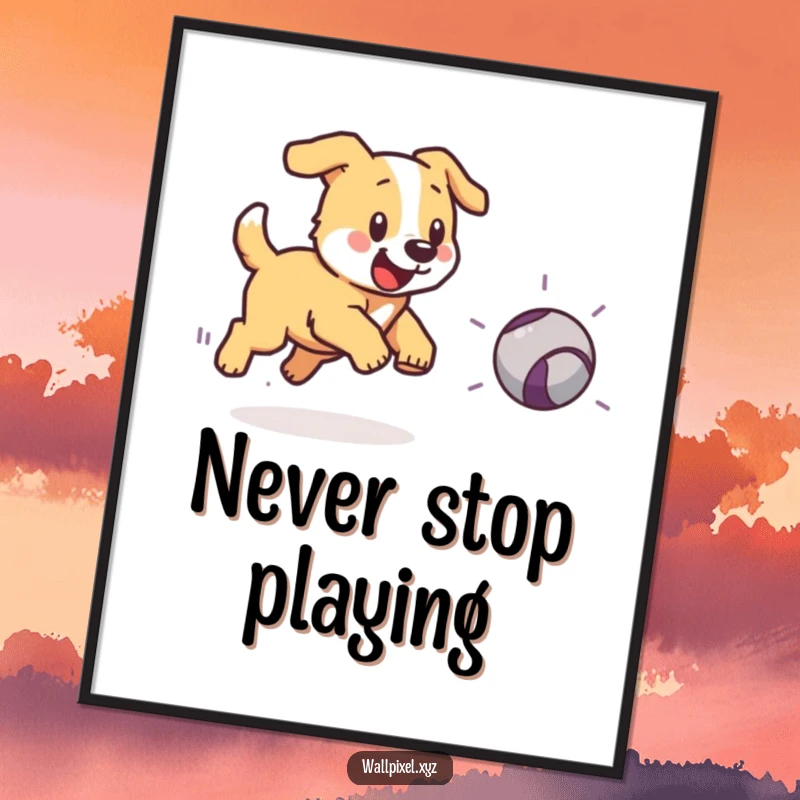 Funny poster depicting a pixelated dog running after a bouncing pixelated ball, perfect for gaming rooms.