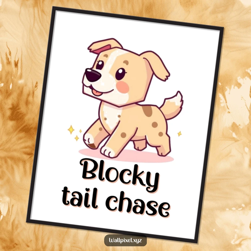 Funny poster art depicting a blocky, pixelated dog playfully chasing its tail, leaving a trail of sparkling pixels.