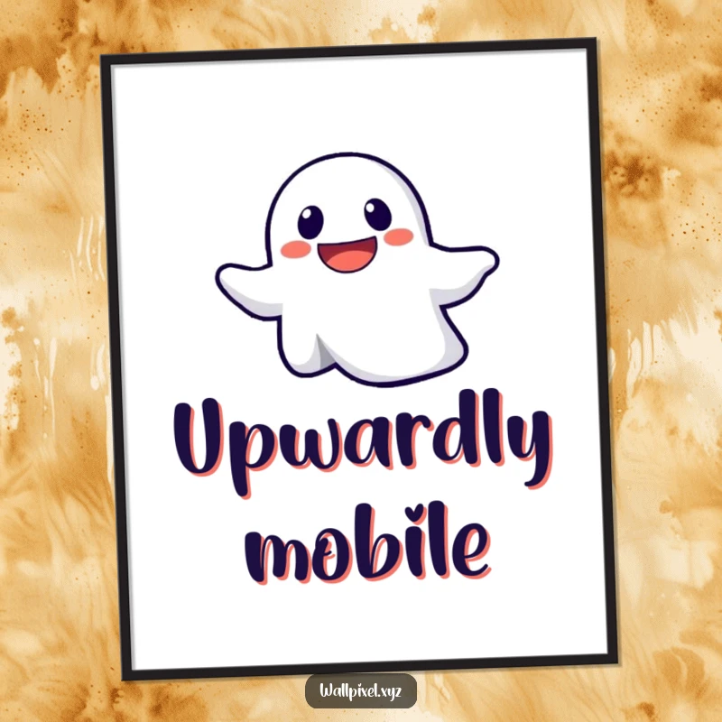 Funny poster displaying a determined pixelated ghost happily floating upwards, adding a touch of playful spookiness to any decor.