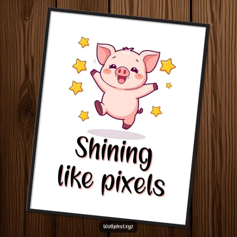 Funny poster print of an excited, blocky pixelated piglet jumping high, surrounded by shimmering pixel stars for a retro feel.