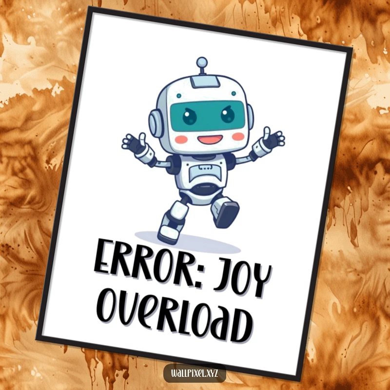 Funny poster of a pixelated robot character doing a happy, uncoordinated dance, a retro and humorous wall decoration.