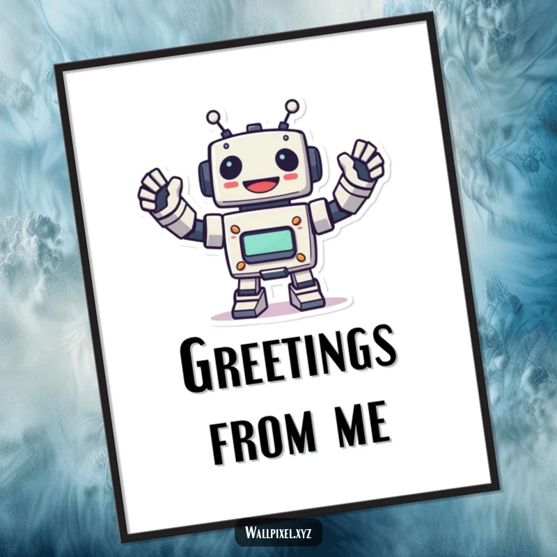 Funny pixel robot poster depicting a cheerful robot energetically waving, perfect for retro tech enthusiasts and vibrant wall decor.