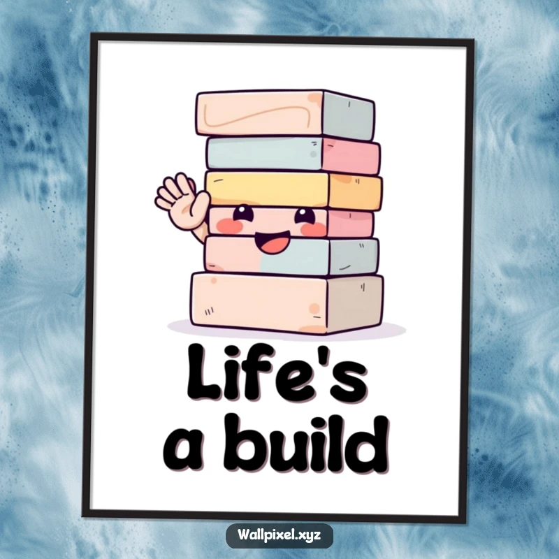 Funny poster art featuring a smiling stack of colorful blocks enthusiastically waving, creating a joyful and humorous visual display.