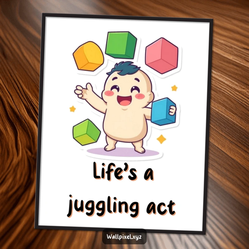 Funny poster art of a happy, wobbly pixel character skillfully juggling a variety of colorful cubes, bringing dynamic energy.