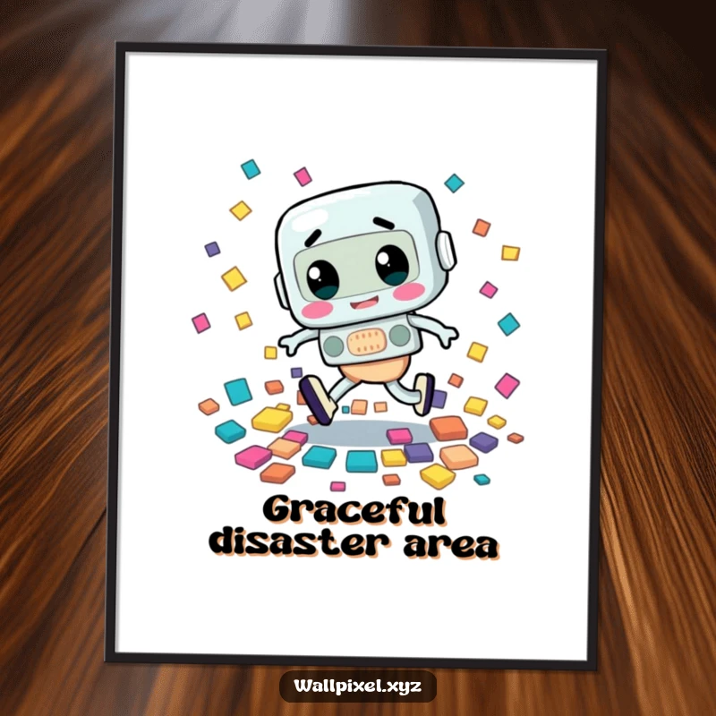 Funny poster art of a retro character in a comical tripping pose, scattering colorful squares, a humorous visual.