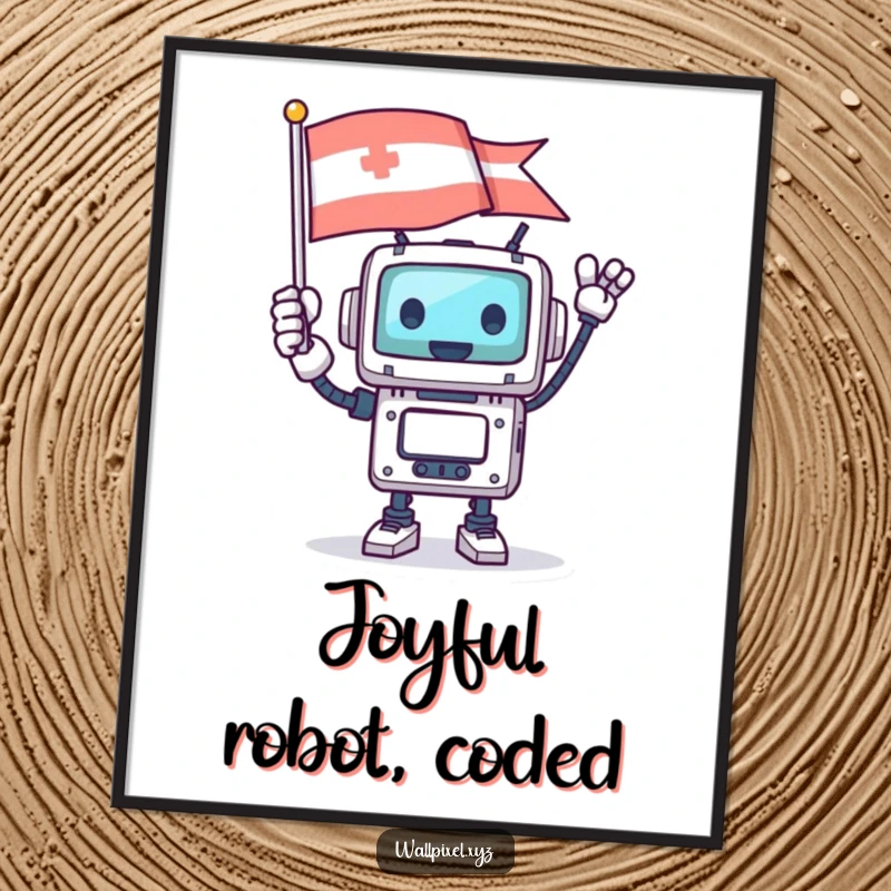 Funny square robot character triumphantly waving a pixelated flag, against a retro backdrop, on a poster.