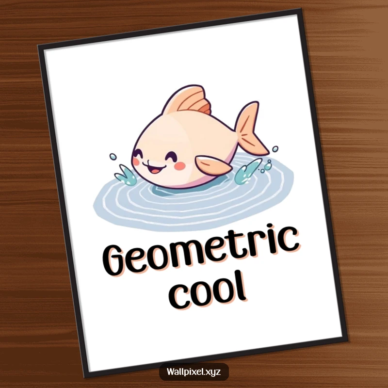 Funny poster print of a geometric fish character happily splashing in a pixelated puddle, a vibrant and artistic wall decoration.