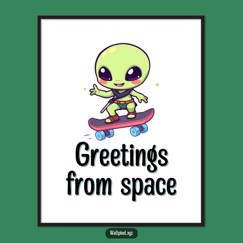 Funny Pixelated Alien Skateboard Poster - Cool Sci-Fi Art with Humorous Flair Gift!