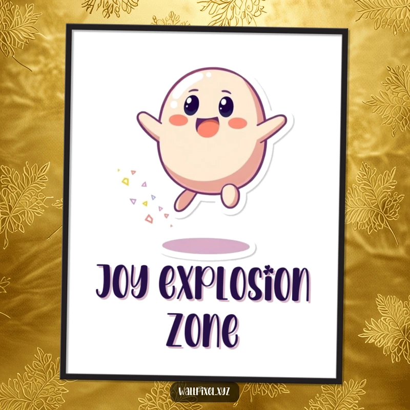 Funny poster art of a pixelated blob character joyfully bouncing, leaving an energetic trail of bright, scattered pixels.