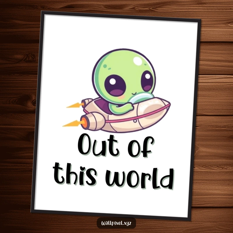 Funny poster featuring a kawaii pixelated alien with huge eyes, joyfully zipping around in a tiny spaceship, adding cosmic charm.