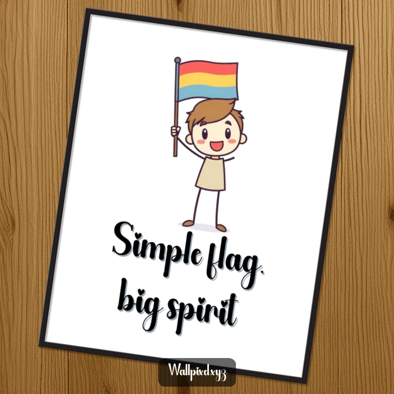 Funny poster of a stick figure character enthusiastically waving a pixelated flag, a retro and humorous wall decoration.