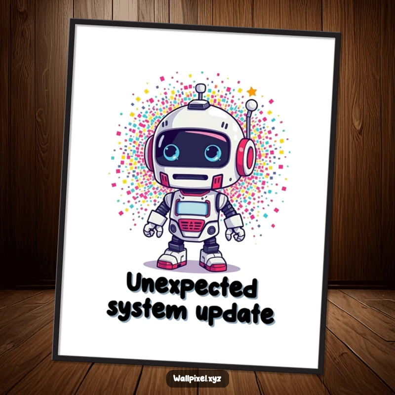 Funny poster: A retro robot is caught off guard by a spectacular explosion of tiny, colorful pixels, humorous digital art.