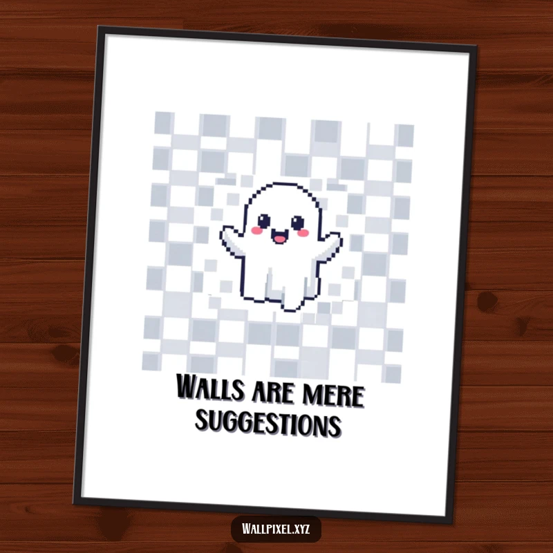 Funny pixelated ghost poster, joyfully phasing through a checkerboard wall, perfect for game room decor.