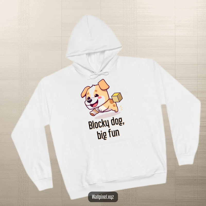 Funny block dog hoodie showing a happy dog chasing a pixel cube, offering cozy comfort and a playful pixel art design.