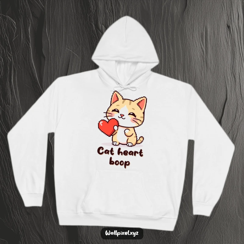 Funny hoodie with a pixelated cat giving a gentle boop to a shiny red pixel heart, radiating retro charm and warmth.