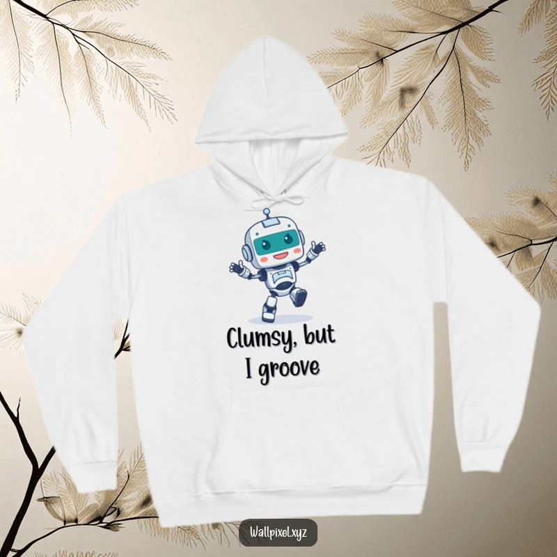 Funny hoodie depicting a pixelated robot character engaged in a happy, bumbling dance, offering warm, humorous vibes.