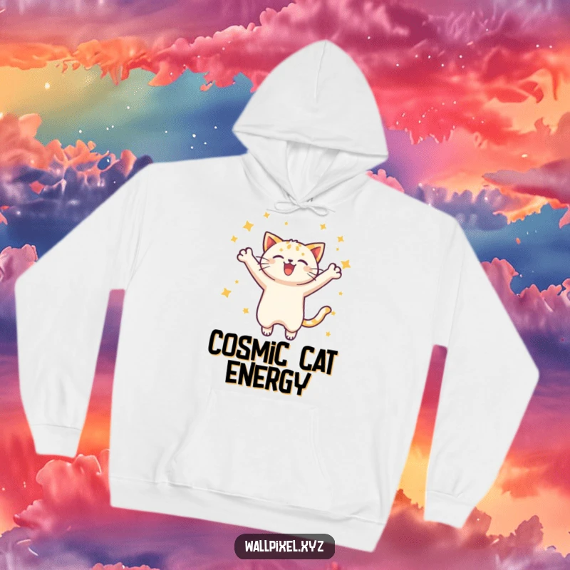 Funny pixelated cat hoodie showing a joyful leap with stars, offering cozy comfort and a stylish nod to retro gaming.