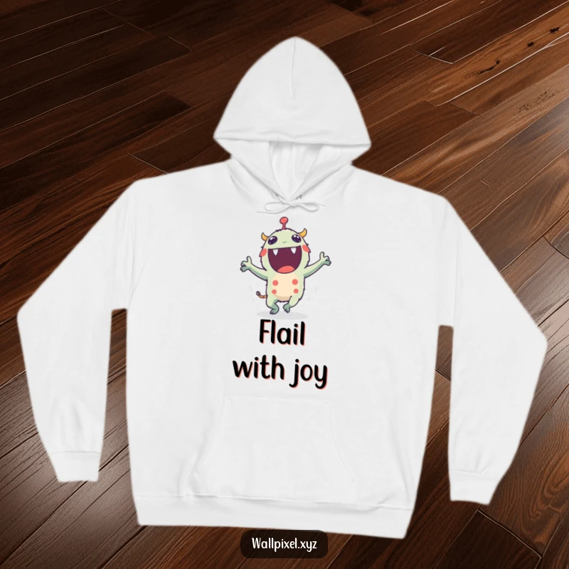 Funny hoodie depicting a pixel monster dancing energetically with its short, flailing blocky arms, offering comfort and humor.