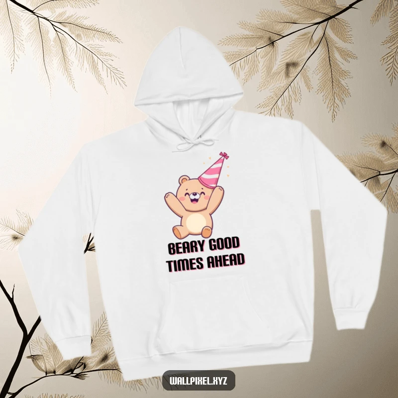 Funny hoodie: A joyful pixelated bear launches a party hat skyward, a warm and humorous apparel choice.
