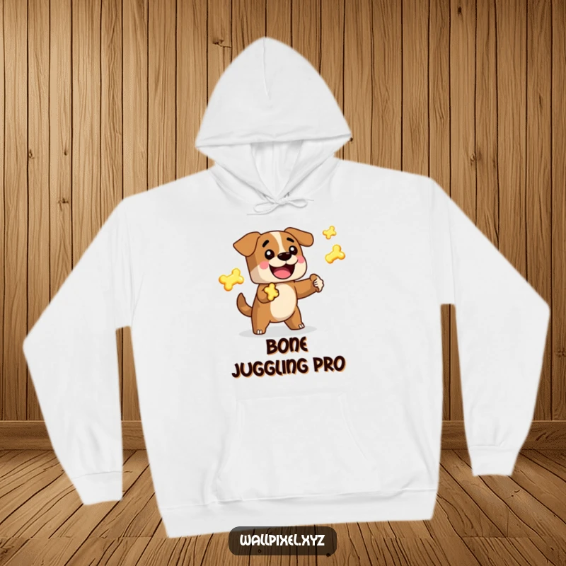 Funny Pixel Dog Hoodie: A retro 8-bit blocky dog character is depicted happily juggling glowing pixel bones, showcasing gamer humor.