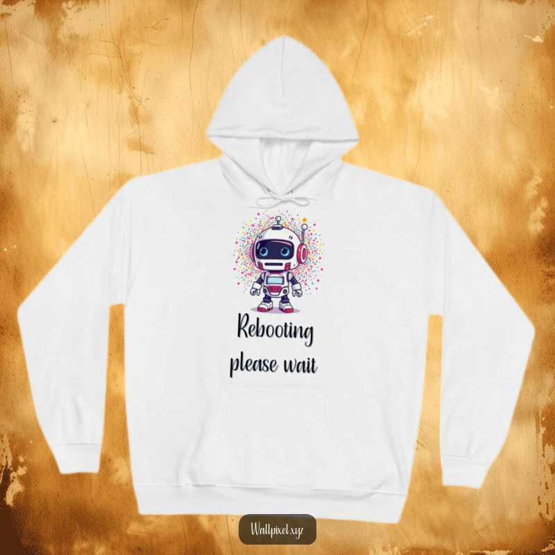 Funny hoodie: A startled retro robot experiences a colorful, tiny pixel explosion, a humorous and warm apparel choice.