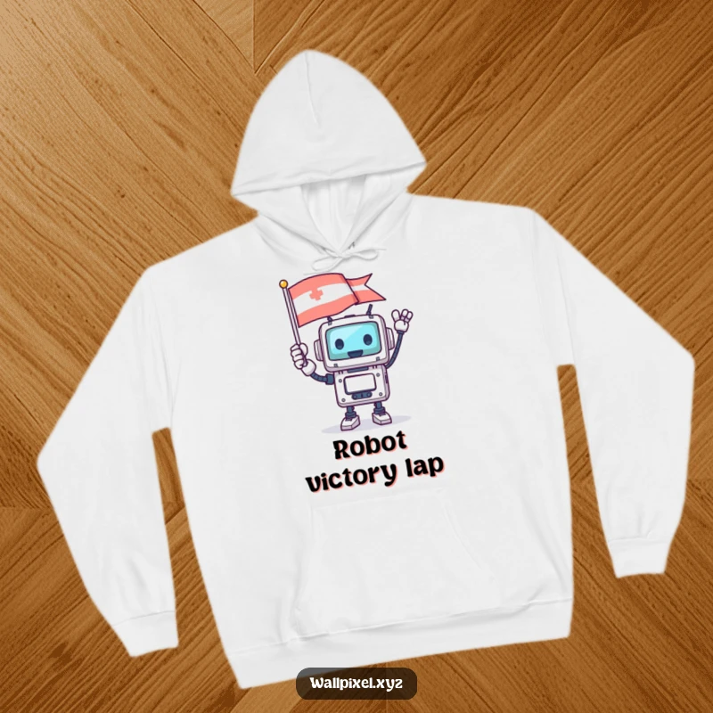 Funny square robot character waving a pixelated flag with excitement, on a cozy hoodie.