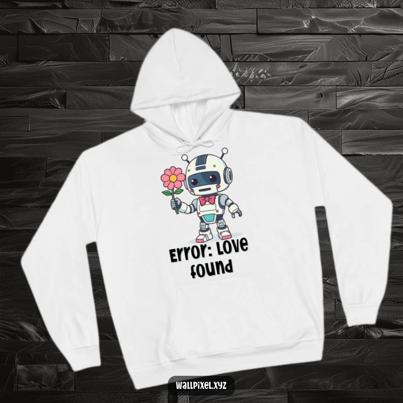 Funny Retro Robot Hoodie: A vintage robot character offering a pixelated flower and bow, symbolizing a blend of tech and tenderness.